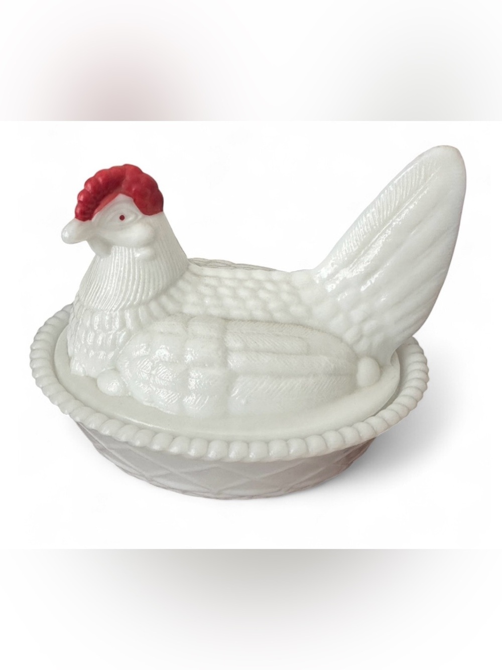 Beautiful Westmoreland White Milk Glass Hen on a Nest candy Dish with Red Comb